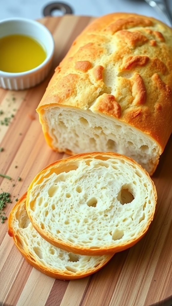 Homemade Gluten-Free Bread Recipe Freshly baked gluten-free bread loaf sliced on a wooden board with olive oil in the background.